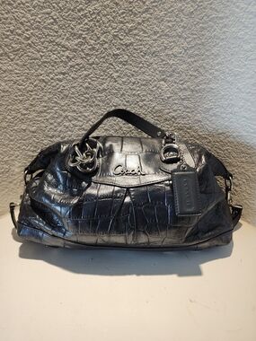 Coach Ashley Metallic Grey Croc-Embossed Leather Satchel